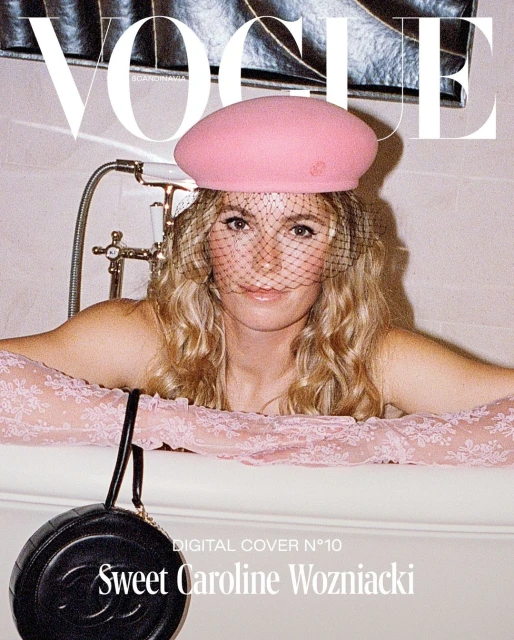 Vogue digital cover featuring a woman in a bathtub wearing a pink beret and lace gloves, holding a round black purse with the Chanel logo.