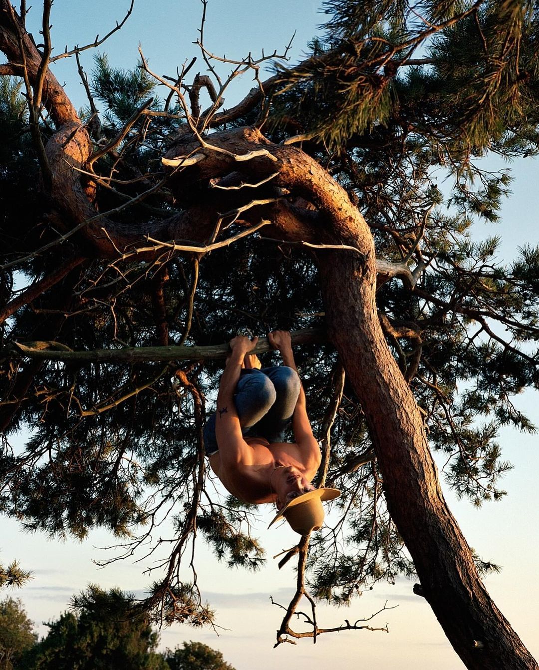 Adult male hanging upside down from tree branch, wearing jeans and a straw hat. Captured outdoors during daytime under blue sky.