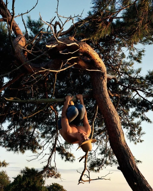 Adult male hanging upside down from tree branch, wearing jeans and a straw hat. Captured outdoors during daytime under blue sky.