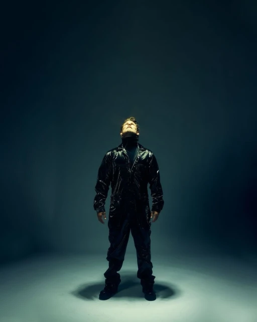 Man in a black jumpsuit gazes upwards in a dramatic pose against a dark background, highlighted by strong directional lighting from above.