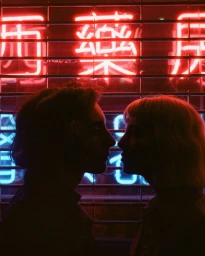 Silhouettes of a man and woman facing each other closely against a vibrant neon sign background in Los Angeles.