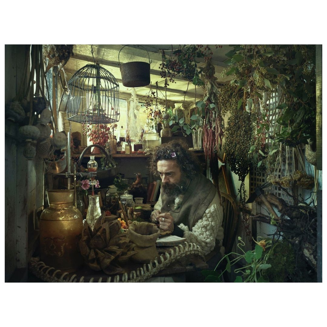 Person with a beard writing in a book surrounded by herbs, glass bottles, and various containers in a cluttered indoor setting.