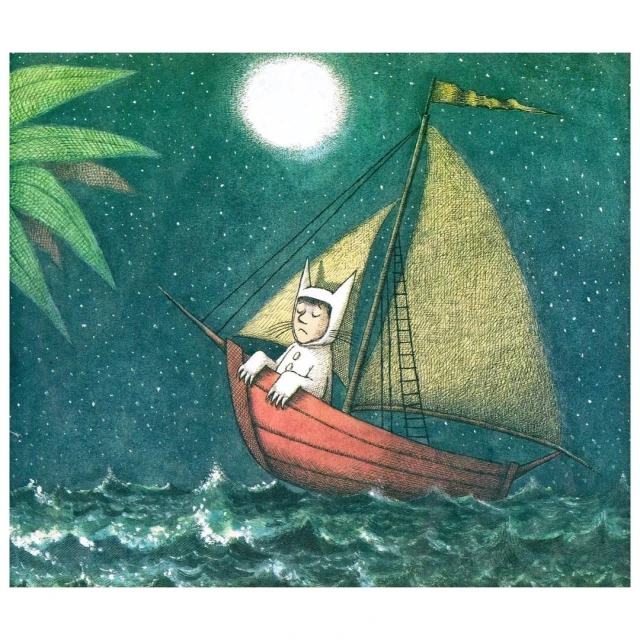Illustration depicts a person with cat ears in a sailboat on a starry night, under a full moon, with stylized ocean waves.