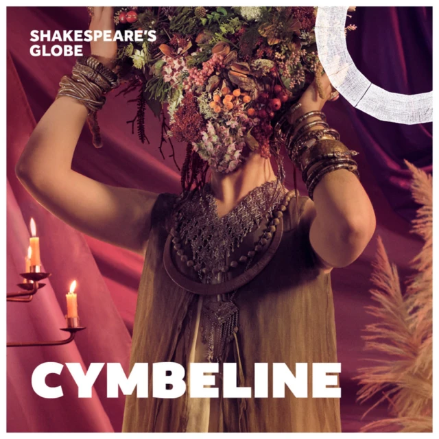 Promotional image for 'Cymbeline' at Shakespeare's Globe with a person in costume wearing a floral headpiece and draped clothing.