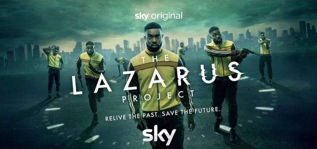 Movie poster for 'The Lazarus Project' featuring a group of African American men, city skyline background, and sky original logo.