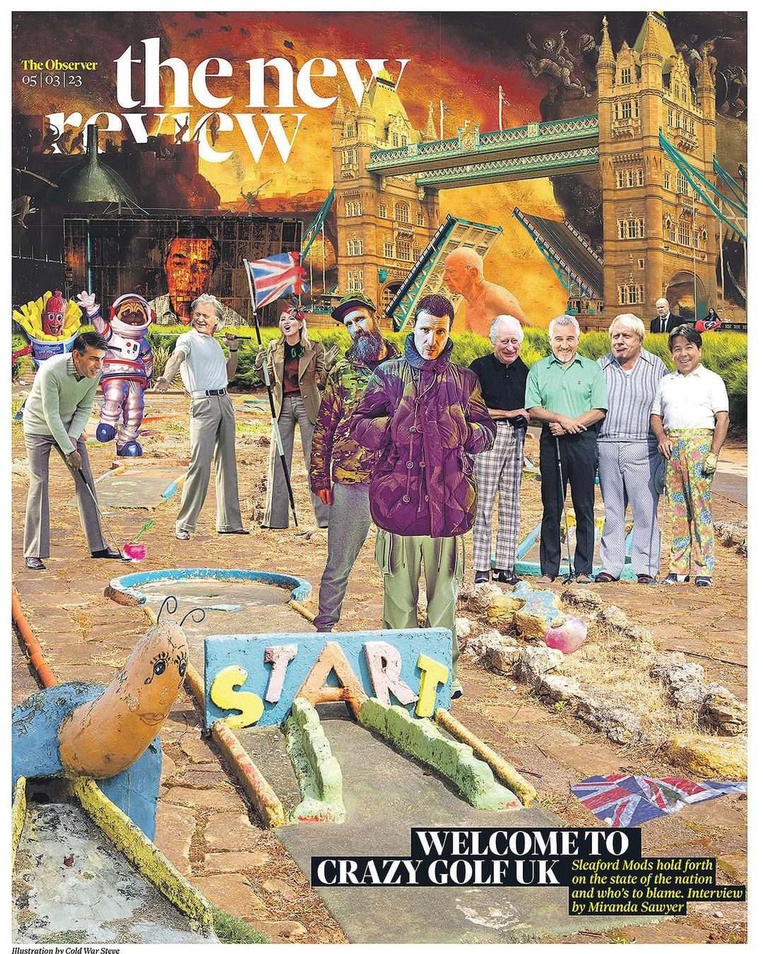 Collage-style magazine cover featuring a group of people at a crazy golf course with London's Tower Bridge in the background.