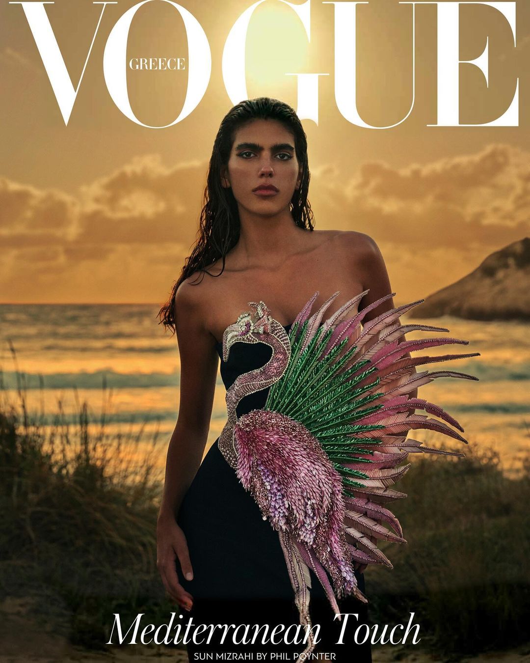 Vogue Greece cover featuring a woman in a black strapless dress with a flamingo embellishment, posing on a beach during golden hour.