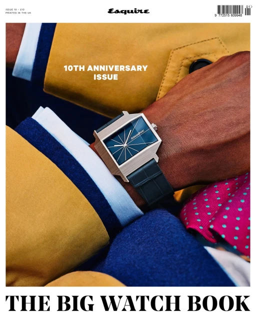 Esquire magazine cover showcasing a square watch on a tan-skinned wrist, against a backdrop of colorful sweaters and jackets.