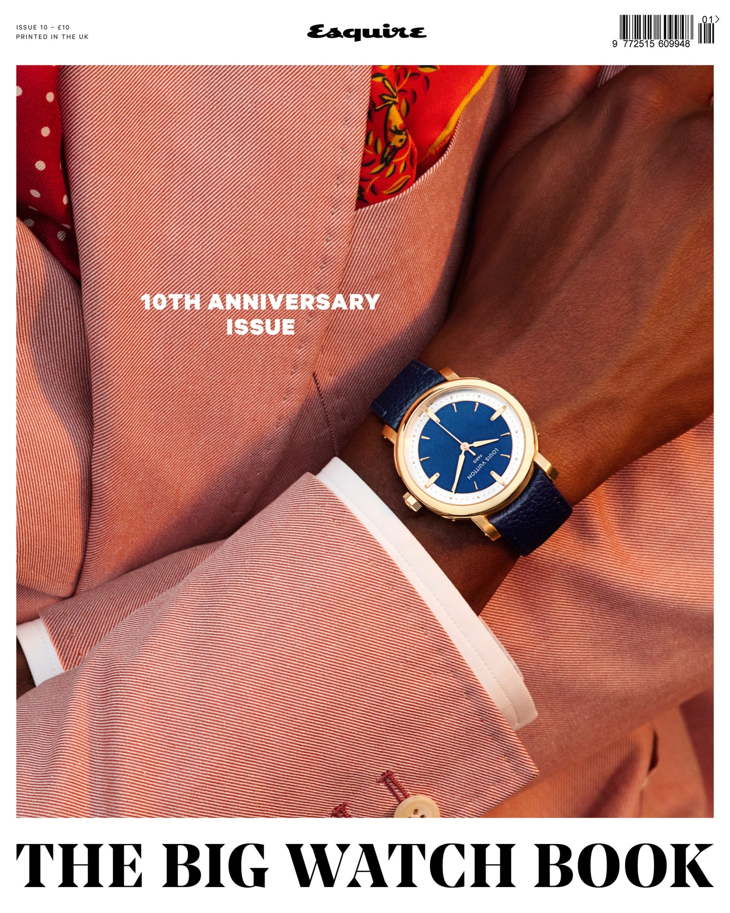 Esquire magazine cover featuring a wristwatch on a person's wrist wearing a peach-colored suit. The title reads: THE BIG WATCH BOOK.