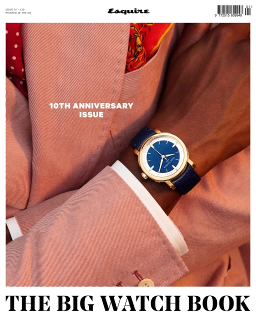 Esquire magazine cover featuring a wristwatch on a person's wrist wearing a peach-colored suit. The title reads: THE BIG WATCH BOOK.