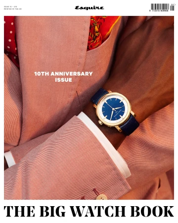 Esquire magazine cover featuring a wristwatch on a person's wrist wearing a peach-colored suit. The title reads: THE BIG WATCH BOOK.