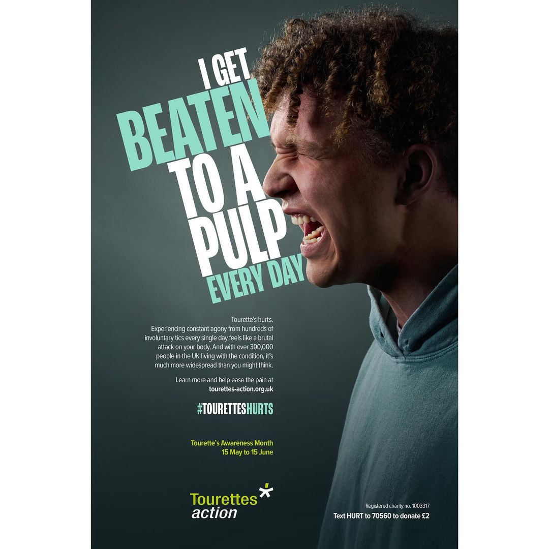 Poster featuring a man in distress, part of a Tourette's Awareness campaign, with impactful typography and a somber color palette.