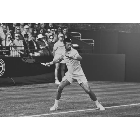 Black and white photo of male tennis player in action on outdoor court with spectators in background, demonstrating athletic skill.