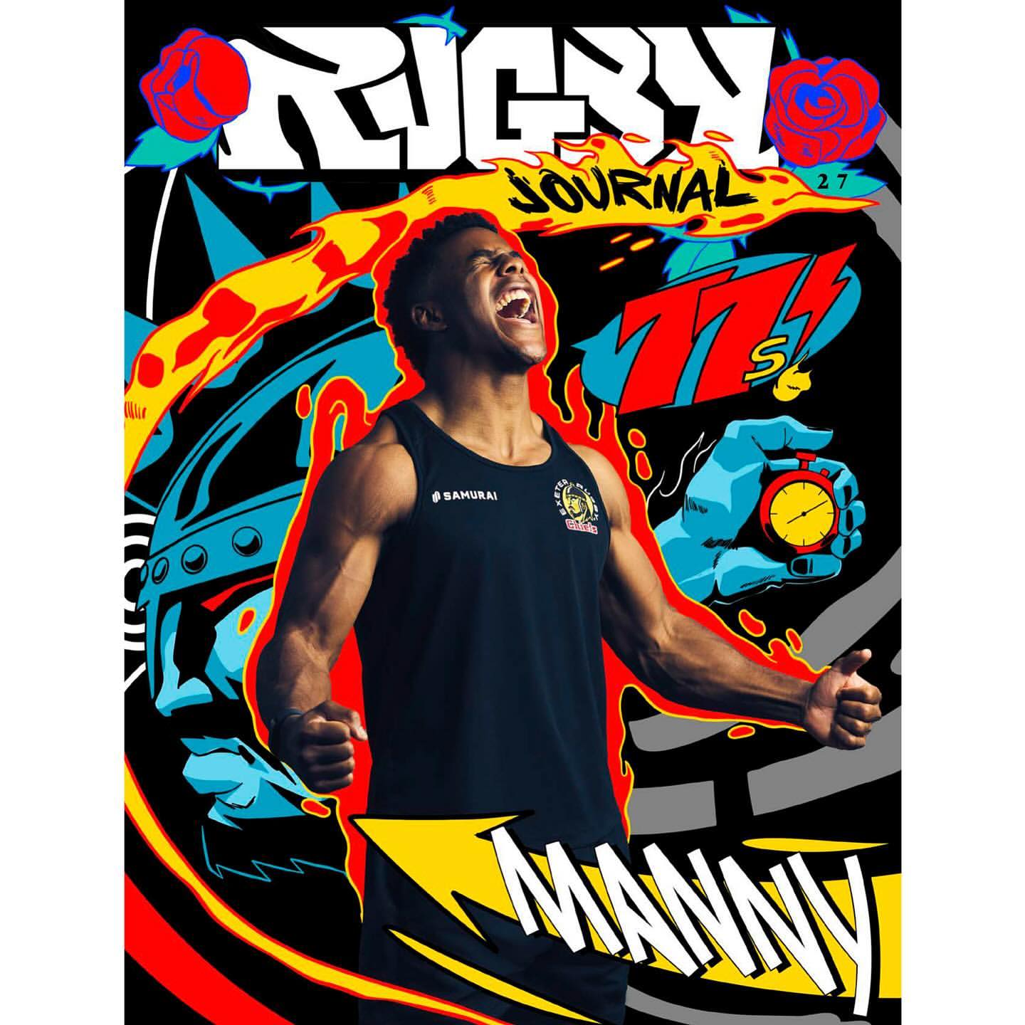 Illustration featuring a dark-skinned man with an open mouth, wearing a black tank top with a logo on a stylized background.
