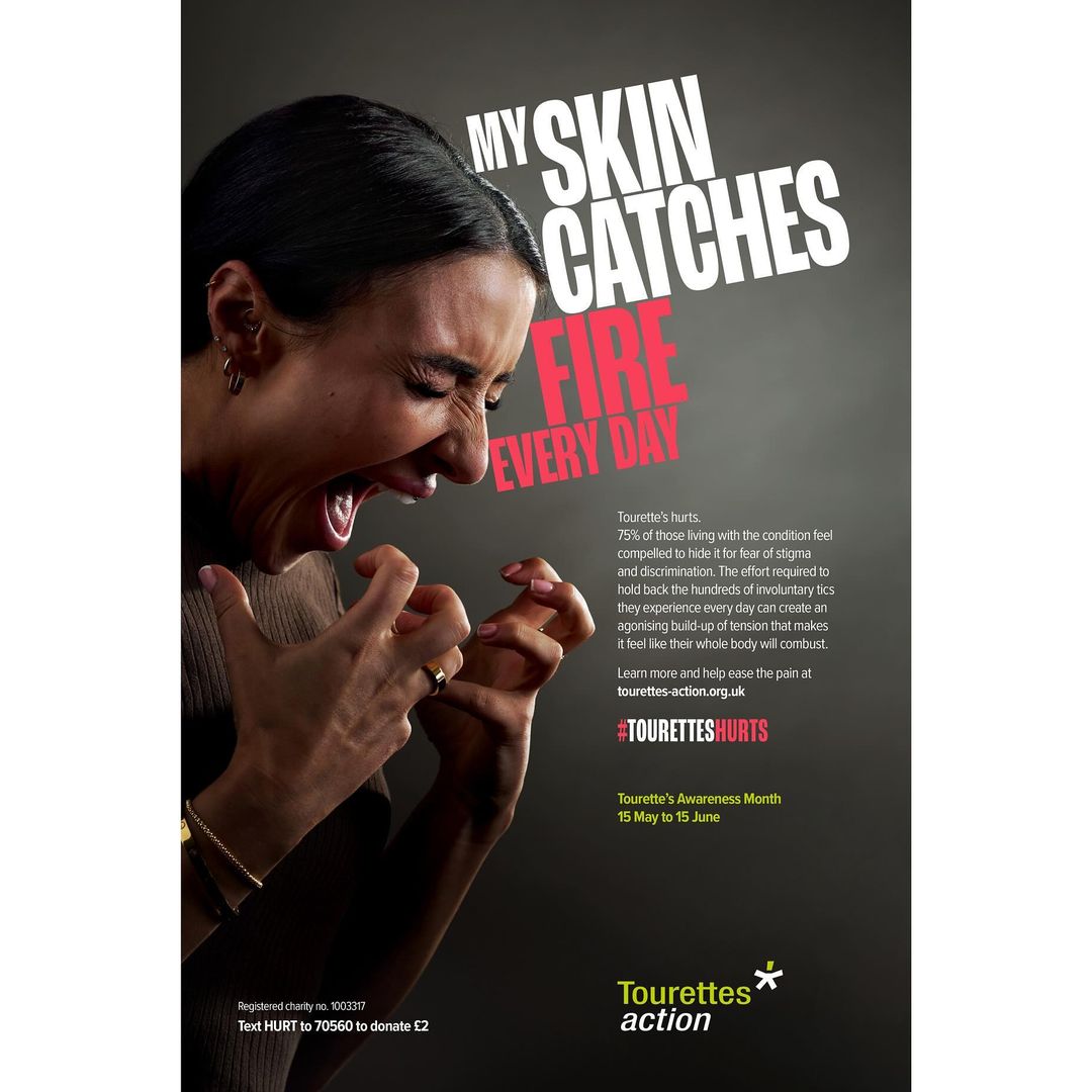 Distressed woman screams with clenched fists in a campaign poster with text about Tourette's Awareness Month on a grey background.