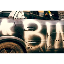 Close-up side view of a car body with white spray-painted graffiti and bolted metal plates