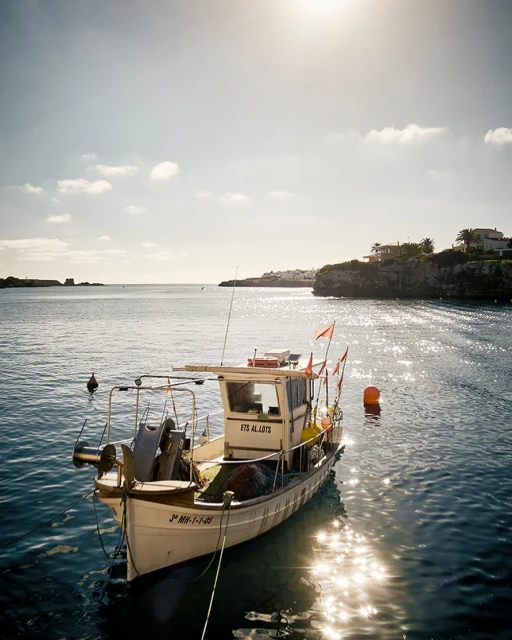 White fishing boat bobs on calm blue water near a rocky coastline under a sunny sky with a few clouds, creating a tranquil seascape.