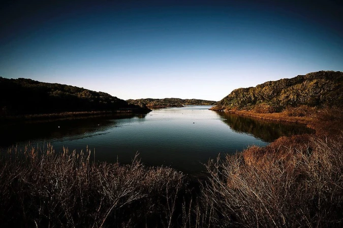 Scenic view of a tranquil lake surrounded by lush greenery and clear blue sky, creating a peaceful and natural landscape.