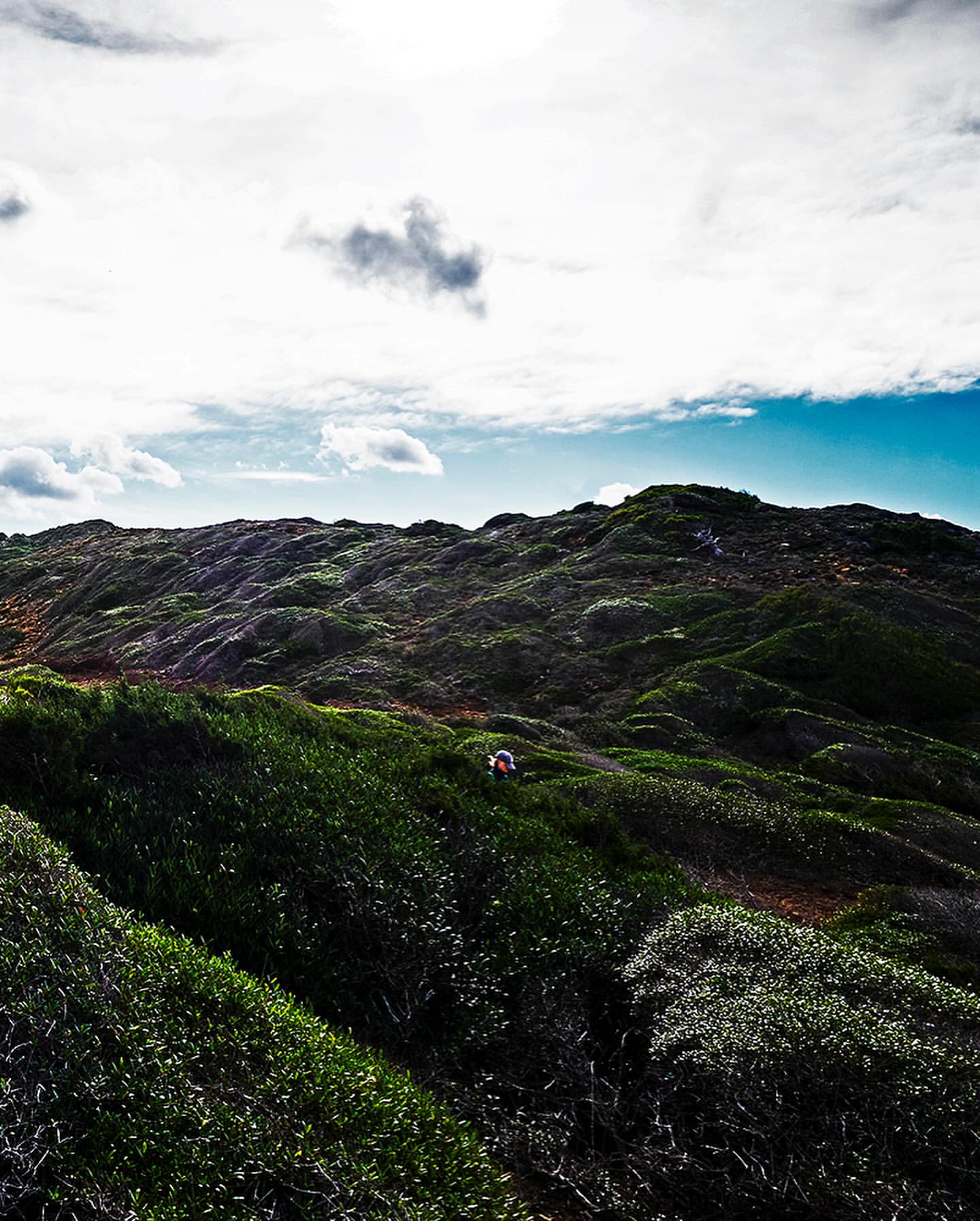 Scenic view of a grassy hillside under a partly cloudy sky, with a person walking in the distance, creating a tranquil outdoor scene.