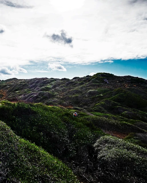 Scenic view of a grassy hillside under a partly cloudy sky, with a person walking in the distance, creating a tranquil outdoor scene.