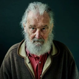 Portrait of an elderly man with a long white beard wearing a brown jacket over a red shirt against a dark background.