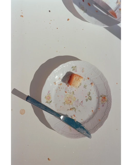 An overhead shot shows a plate with floral accents containing a piece of bread, crumbs, and a knife on a white surface in bright light.