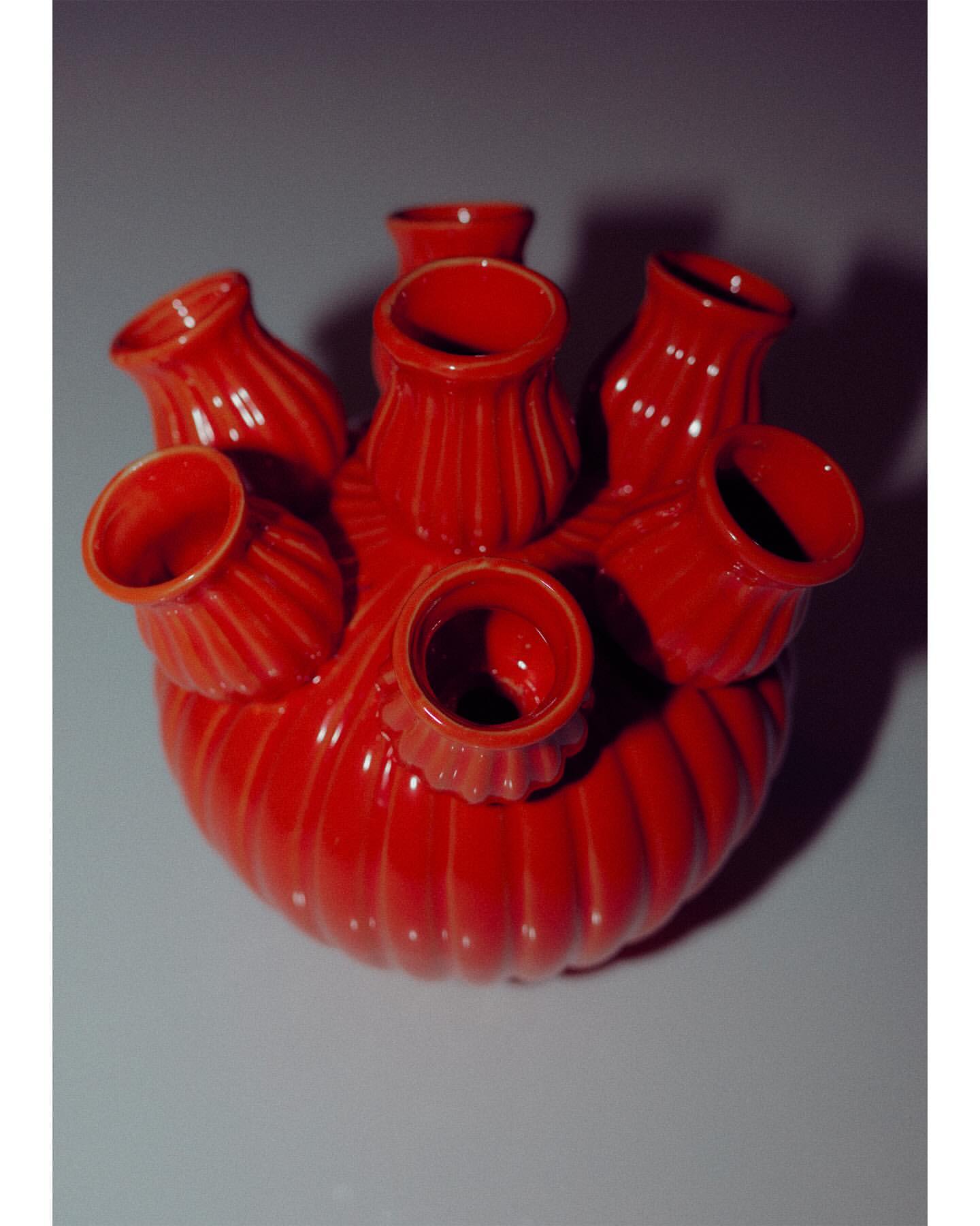 Close-up studio shot of a red ceramic tulipiere, a decorative vase with multiple openings for flower stems, against a gray background.