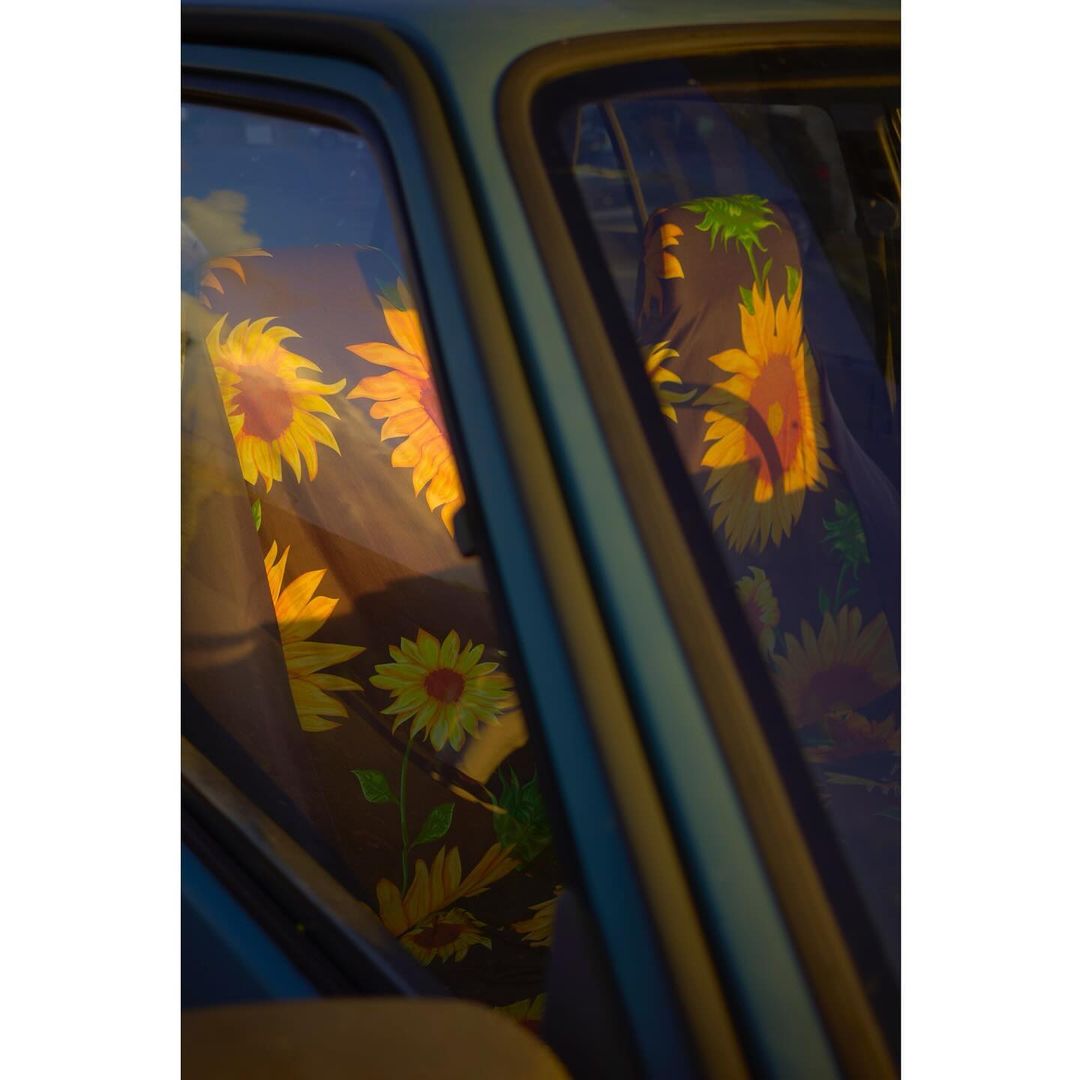Close-up of a blue car interior with sunflower-patterned seat covers, seen through the car's side windows in sunlight.