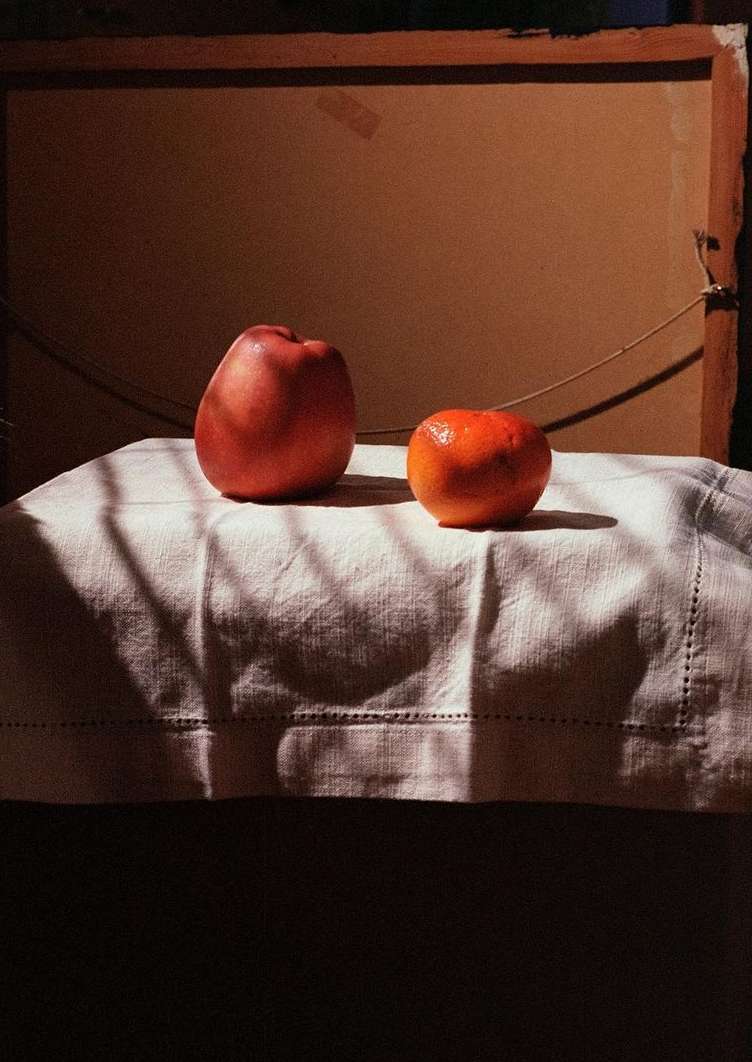 Still life photograph featuring a peach and an orange on a white tablecloth, with a framed backdrop and soft, natural light creating shadows.
