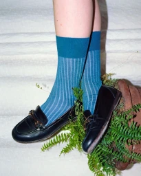 Close-up of a person wearing blue ribbed socks and black leather loafers next to a fern plant in Paris by Philippe Billemont.