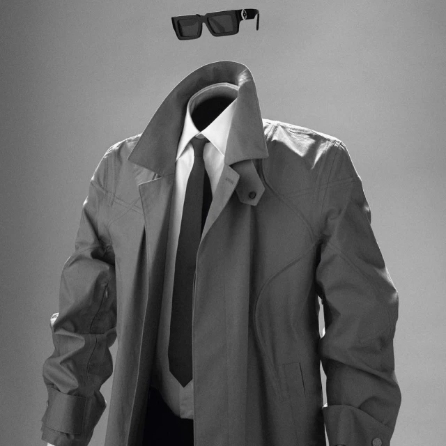 Gray scale image of a coat and tie with floating sunglasses, featuring studio lighting and a plain backdrop. The ensemble creates a sense of mystery.