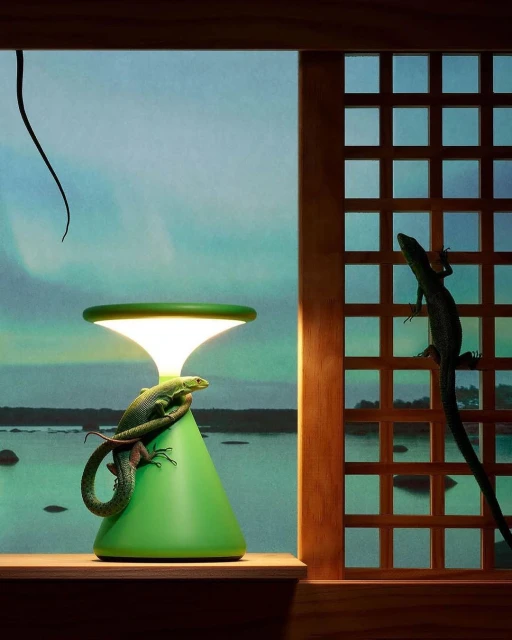 Lizard perches on a green table lamp with a pond and trees in the background. Another lizard climbs the window frame.
