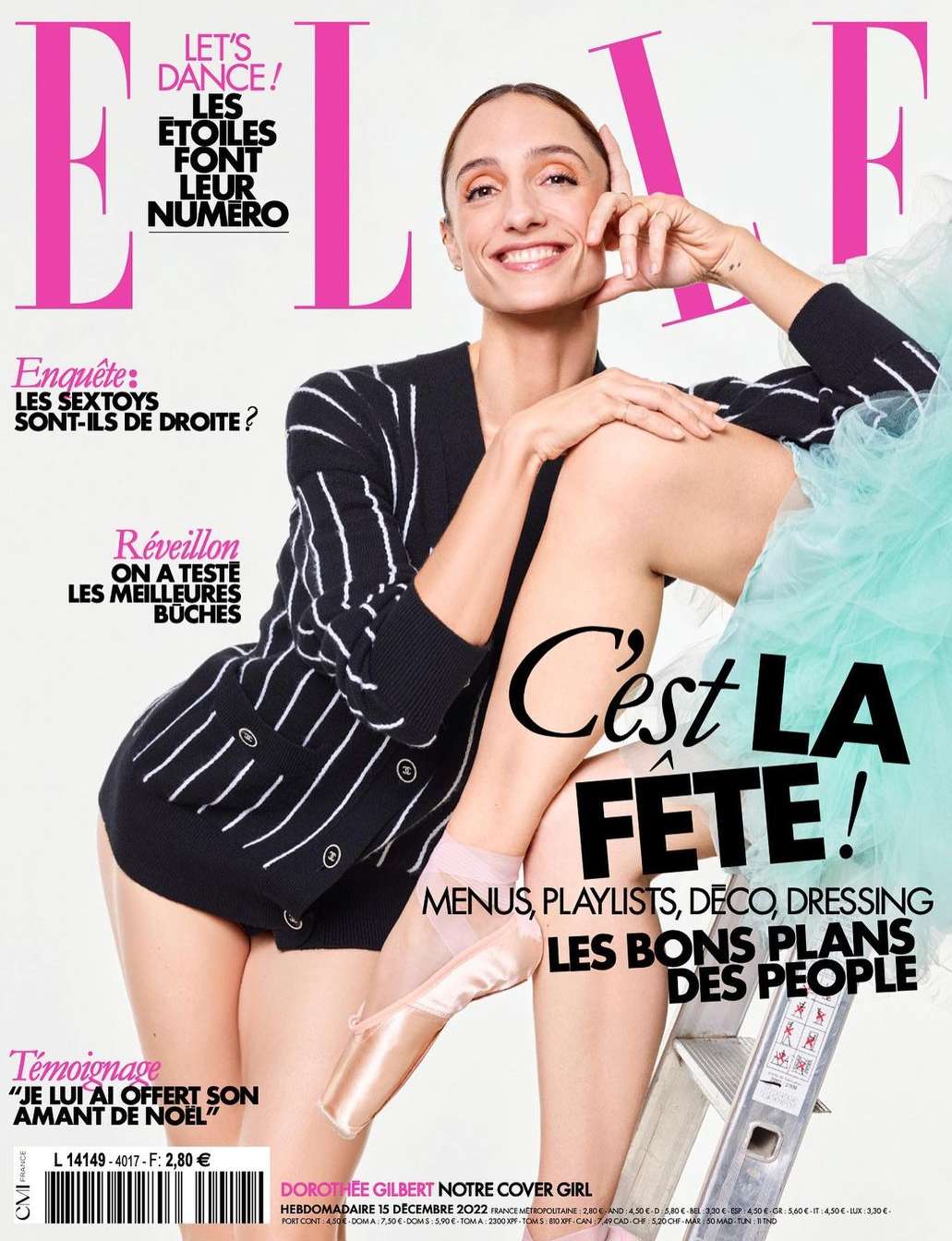Elle Magazine cover featuring Dorothée Gilbert, a ballet dancer, wearing a striped cardigan, posing with her leg on a ladder.