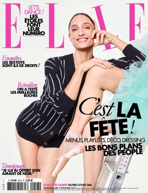 Elle Magazine cover featuring Dorothée Gilbert, a ballet dancer, wearing a striped cardigan, posing with her leg on a ladder.