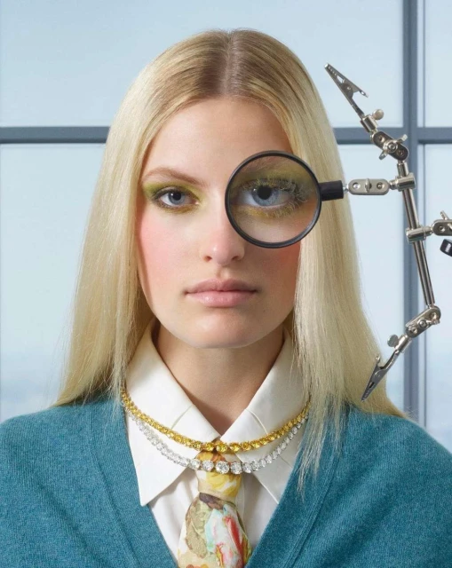 Close-up of a woman with blond hair, green eyeshadow, and jewelry, with a magnifying glass focusing on her eye.