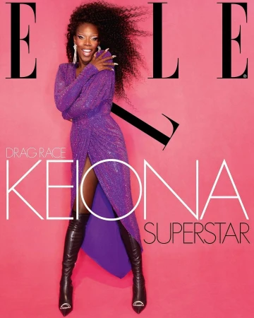 Keiona stands on a pink background in a purple dress and black leather boots, with the ELLE logo visible at the top of the frame.