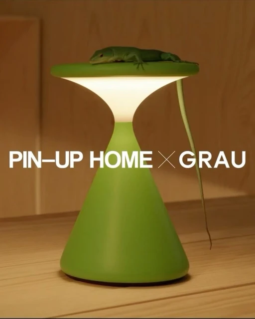 A green table lamp with a lizard on top of it in a well lit room with wood grain visible in the background.