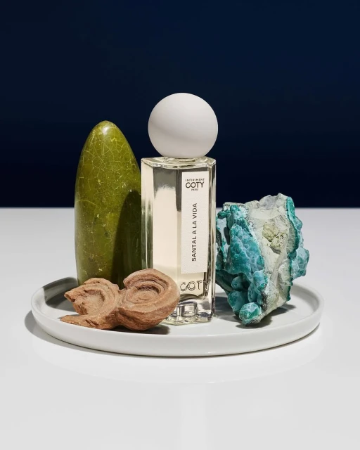 Studio shot of Coty Santal A La Vida perfume bottle on a white plate with textured stones, against a graduated navy blue background.