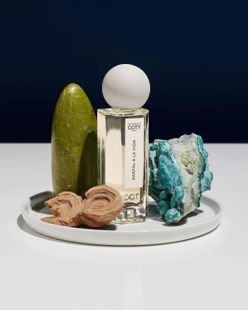 Studio shot of Coty Santal A La Vida perfume bottle on a white plate with textured stones, against a graduated navy blue background.