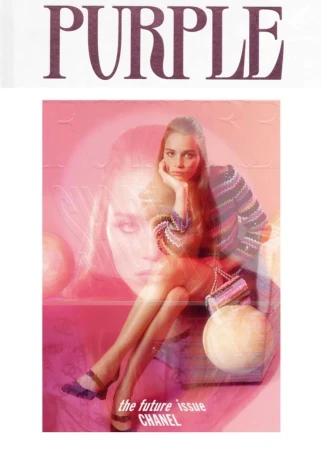Magazine cover with double exposure portrait of a woman in a colorful patterned sweater and strappy shoes against a pink background