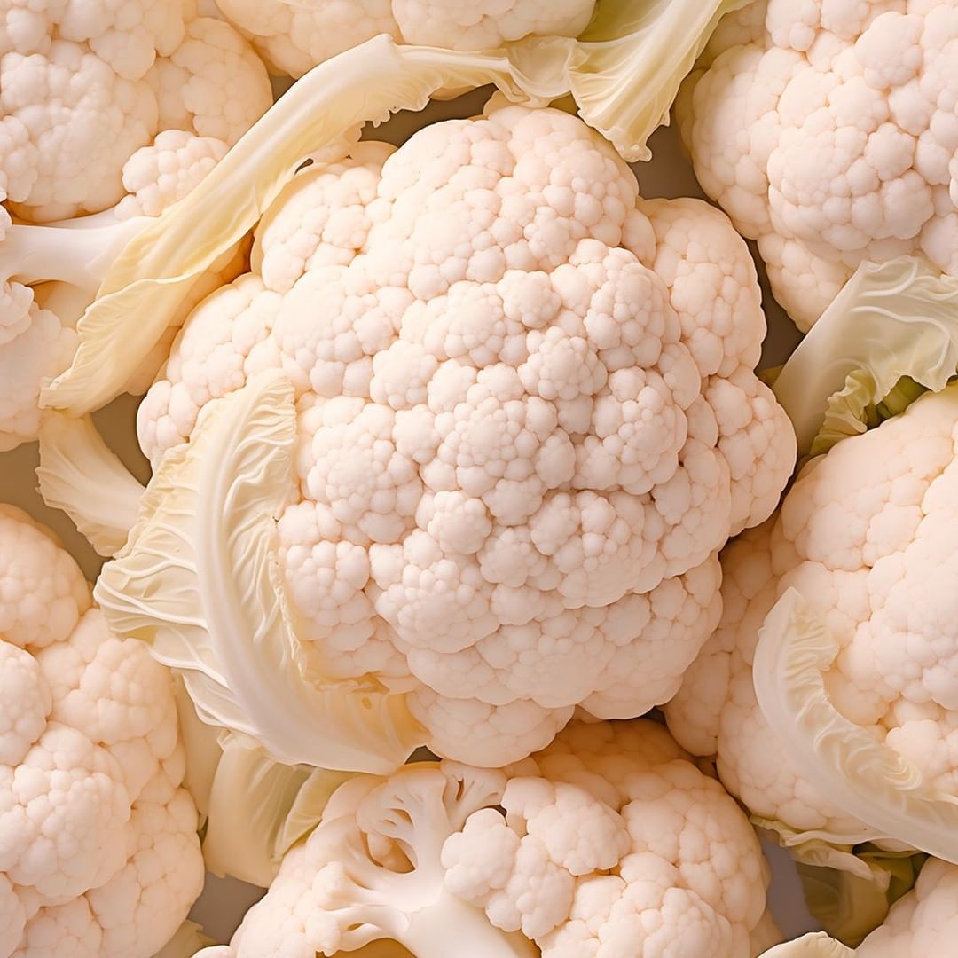 Overhead shot of white cauliflower heads and florets, showcasing the fresh produce in a close-up food photography composition.