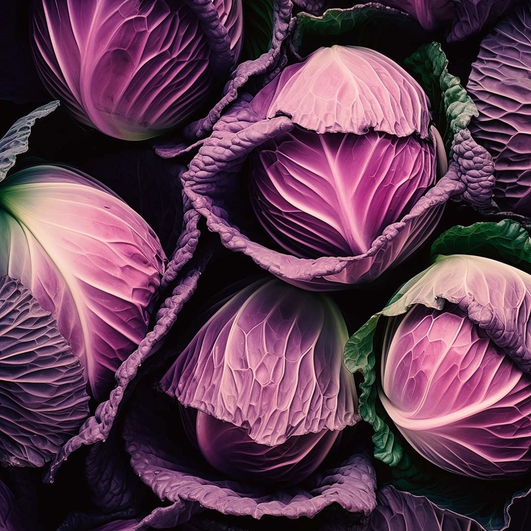 Overhead shot showcasing a vibrant collection of purple cabbages, creating a textured, healthy, and aesthetically pleasing food display.