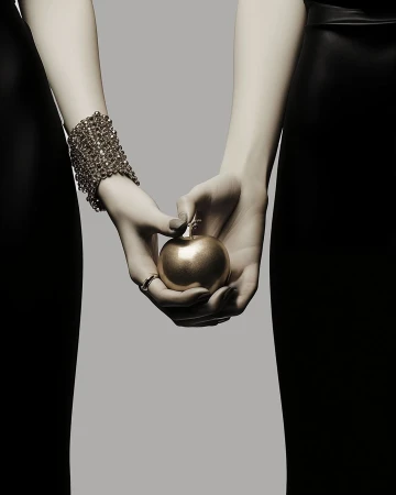 Two people wearing black outfits hold a metallic golden apple in their hands against a neutral grey background.