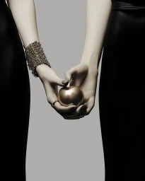Two people wearing black outfits hold a metallic golden apple in their hands against a neutral grey background.