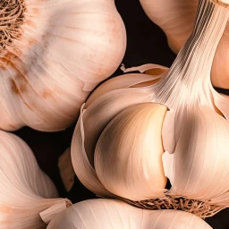 Close-up macro photography of multiple whole garlic bulbs with pale papery skins against a dark background.