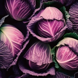 Top-down view of several fresh purple cabbages arranged closely together, highlighting their textured leaves and vibrant magenta hues.