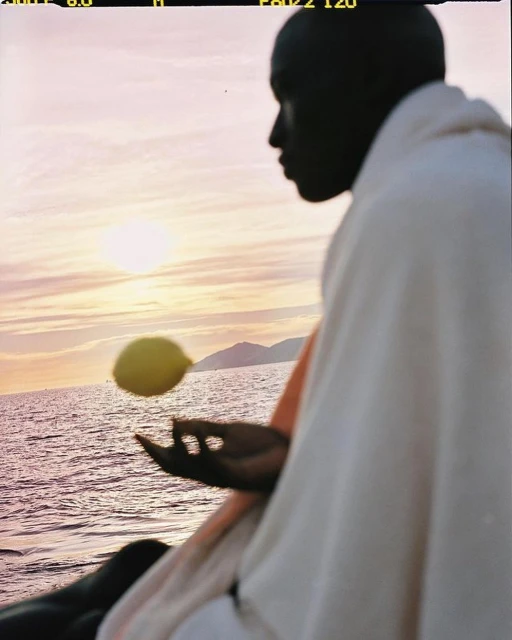 Profile view of an African male model sitting and holding a yellow fruit at the sea with mountains and sunset in the background.