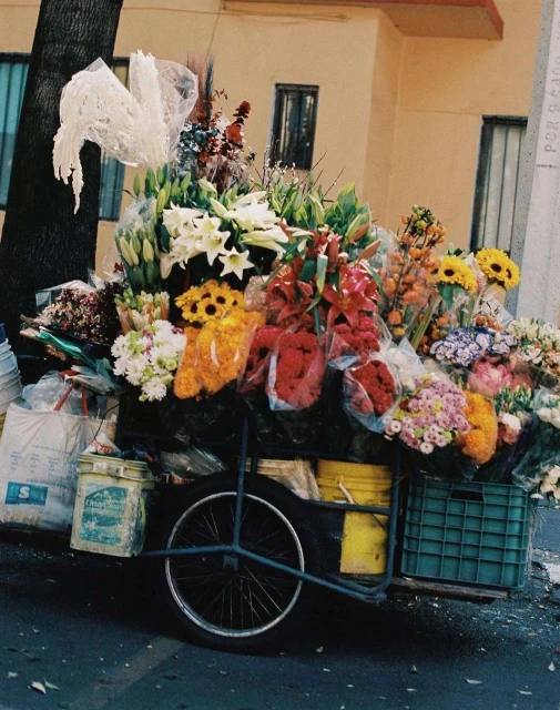 Colorful flower cart on a city street featuring lilies, roses, sunflowers, carnations, and decorative accents for sale by a florist.