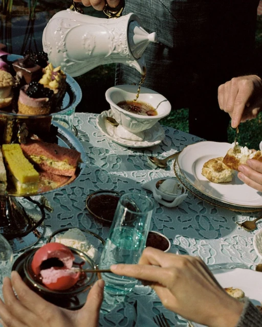 Afternoon tea scene: scones, cakes, tea being poured into a cup on a table with patterned tablecloth in an outdoor setting.