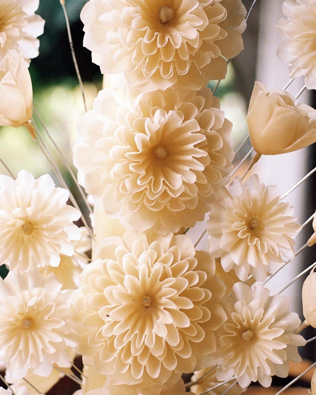 Floral arrangement featuring a bouquet of pale yellow flowers with a soft focus and shallow depth of field, creating a delicate and elegant composition.